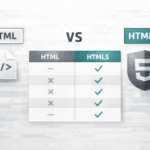 Confronto visivo tra HTML e HTML5 che mostra le principali differenze funzionali e strutturali tramite una tabella comparativa
