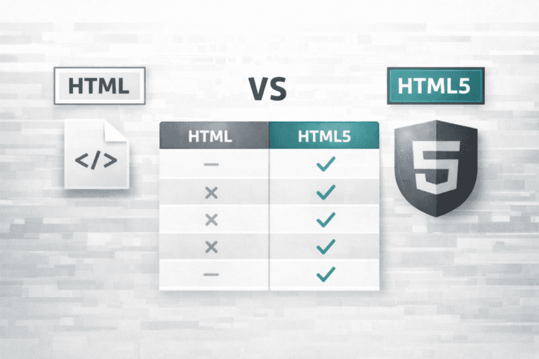 Confronto visivo tra HTML e HTML5 che mostra le principali differenze funzionali e strutturali tramite una tabella comparativa