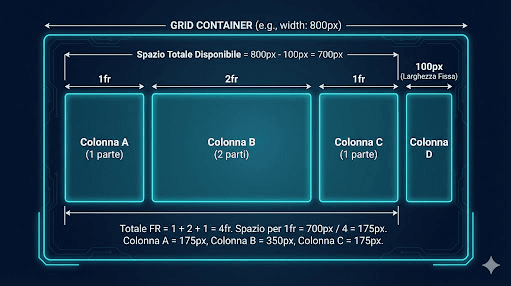 Grafico che illustra come l'unità fr divide lo spazio disponibile in un container