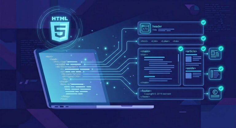 Schema visivo dei tag semantici HTML5 con header, nav, main, article, aside e footer