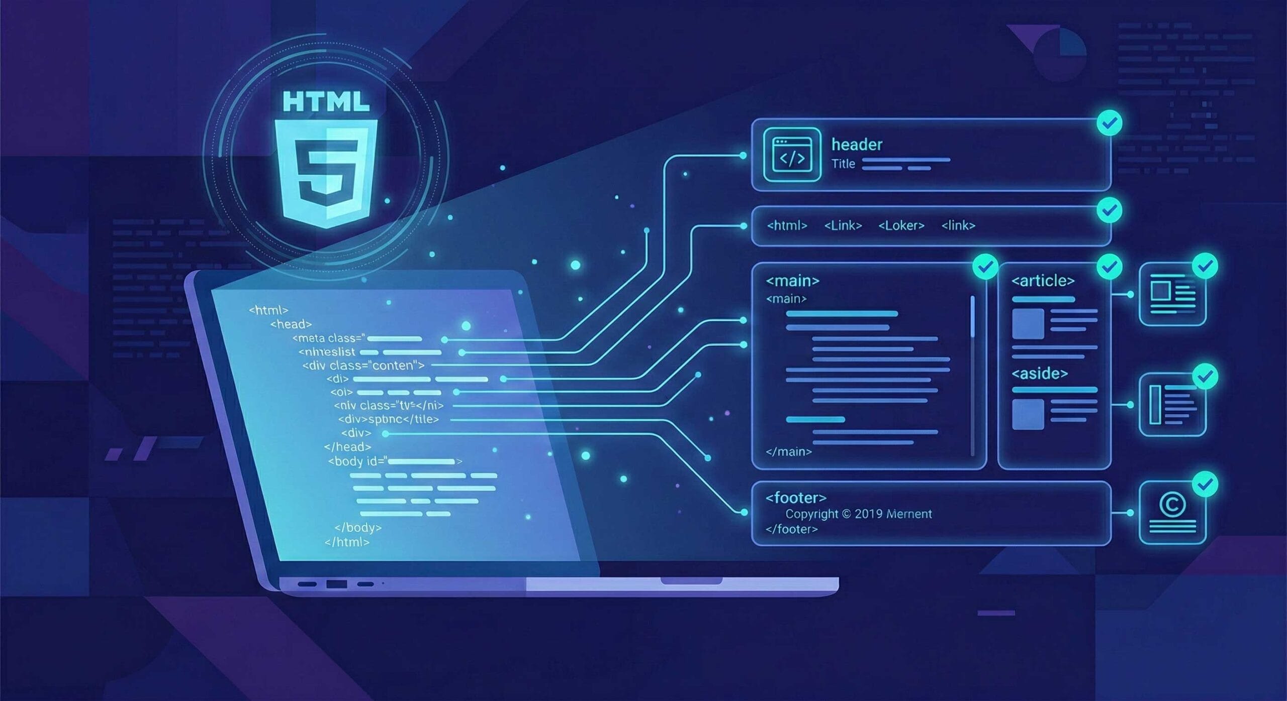 Schema visivo dei tag semantici HTML5 con header, nav, main, article, aside e footer