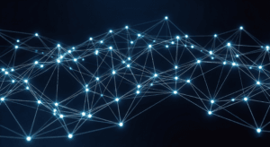 Illustrazione di una rete decentralizzata Kad (Kademlia) con nodi collegati tra loro.