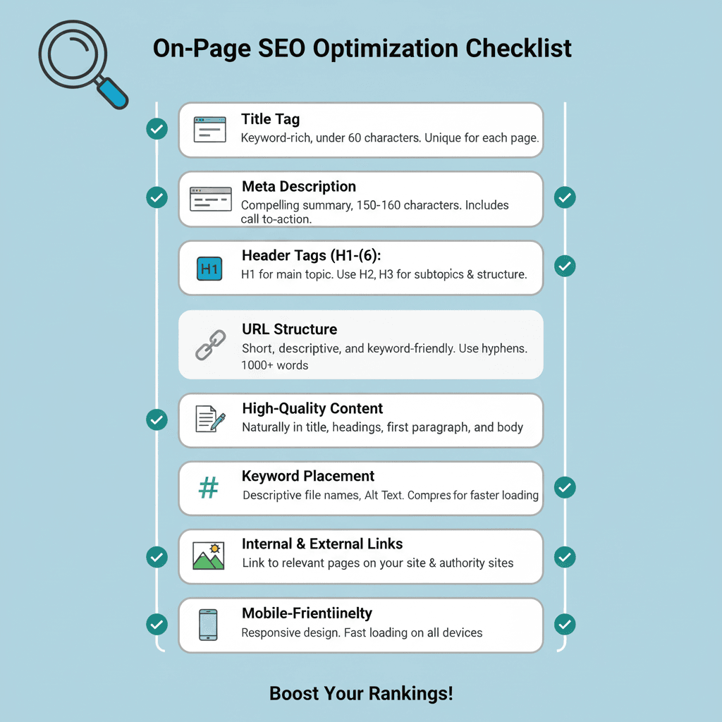 Infografica che mostra gli elementi chiave per ottimizzare una pagina SEO, dal titolo ai contenuti.