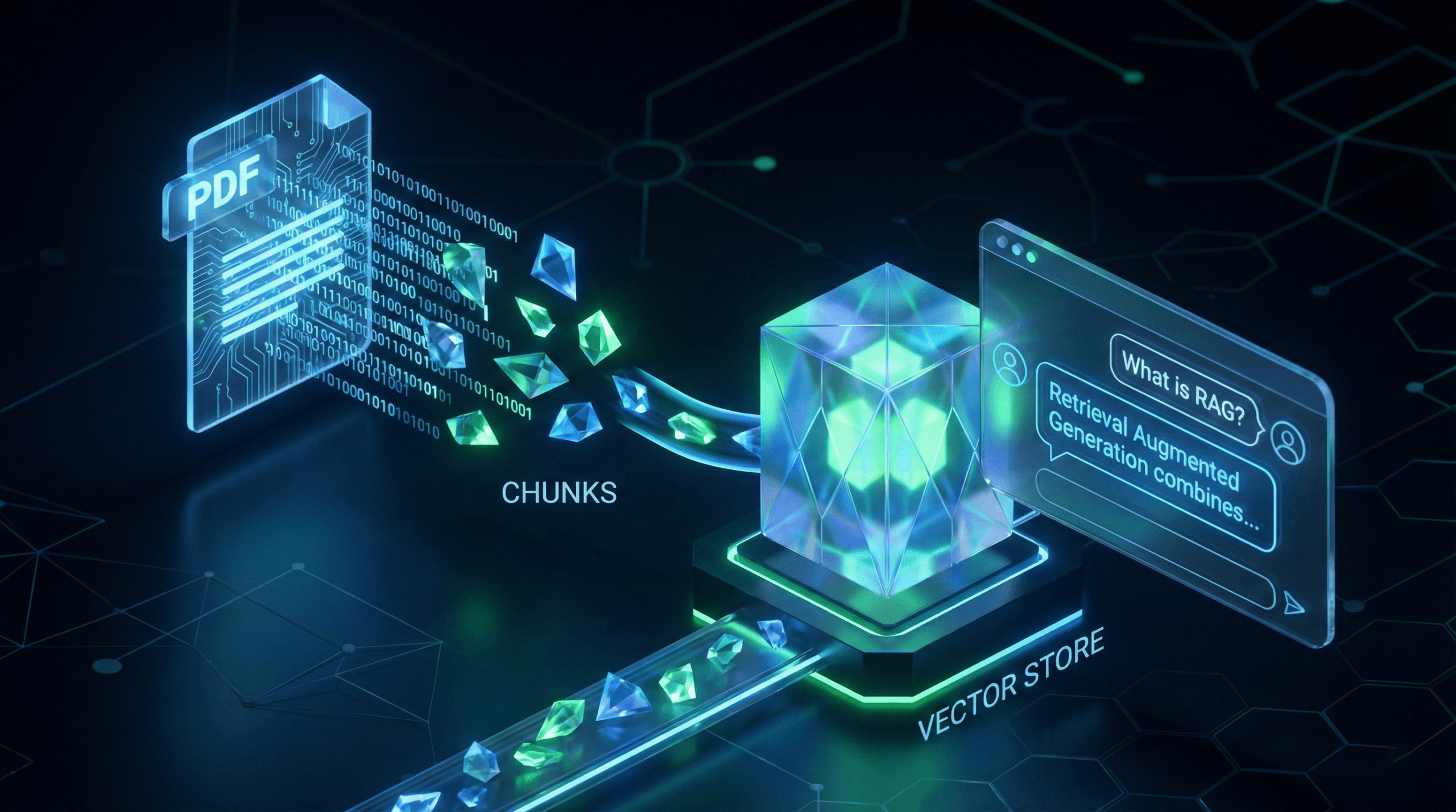 Illustrazione concettuale RAG LangChain Tutorial: flusso di trasformazione da documento PDF a vettori e risposta del Chatbot AI