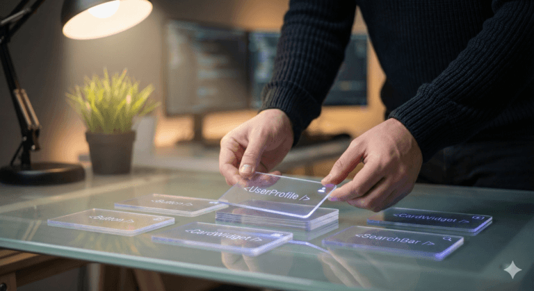 Schermata con componenti React modulari disposti come blocchi UI riutilizzabili