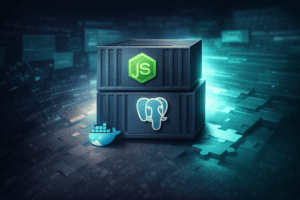Illustrazione di un ambiente Docker per sviluppatori con container Node.js e PostgreSQL impilati, in stile tech editoriale con accenti #097e70