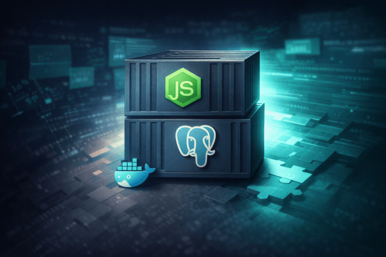 Illustrazione di un ambiente Docker per sviluppatori con container Node.js e PostgreSQL impilati, in stile tech editoriale con accenti #097e70