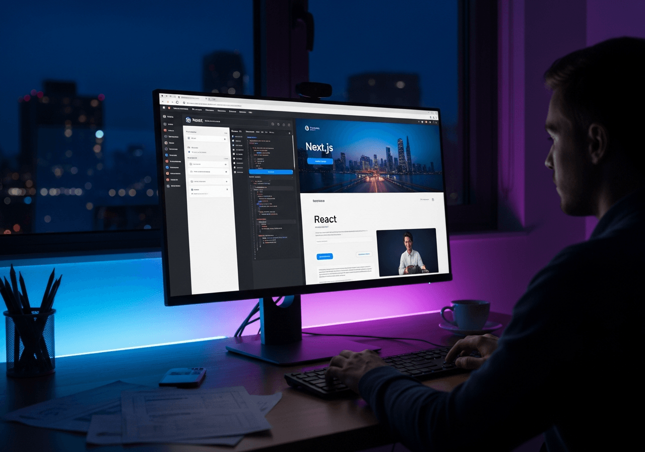 Sviluppatore che lavora a un progetto Next.js e React su monitor luminoso in ambiente moderno