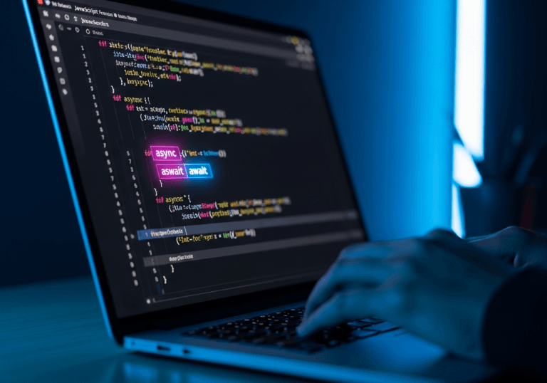Schermo con codice JavaScript che evidenzia async e await