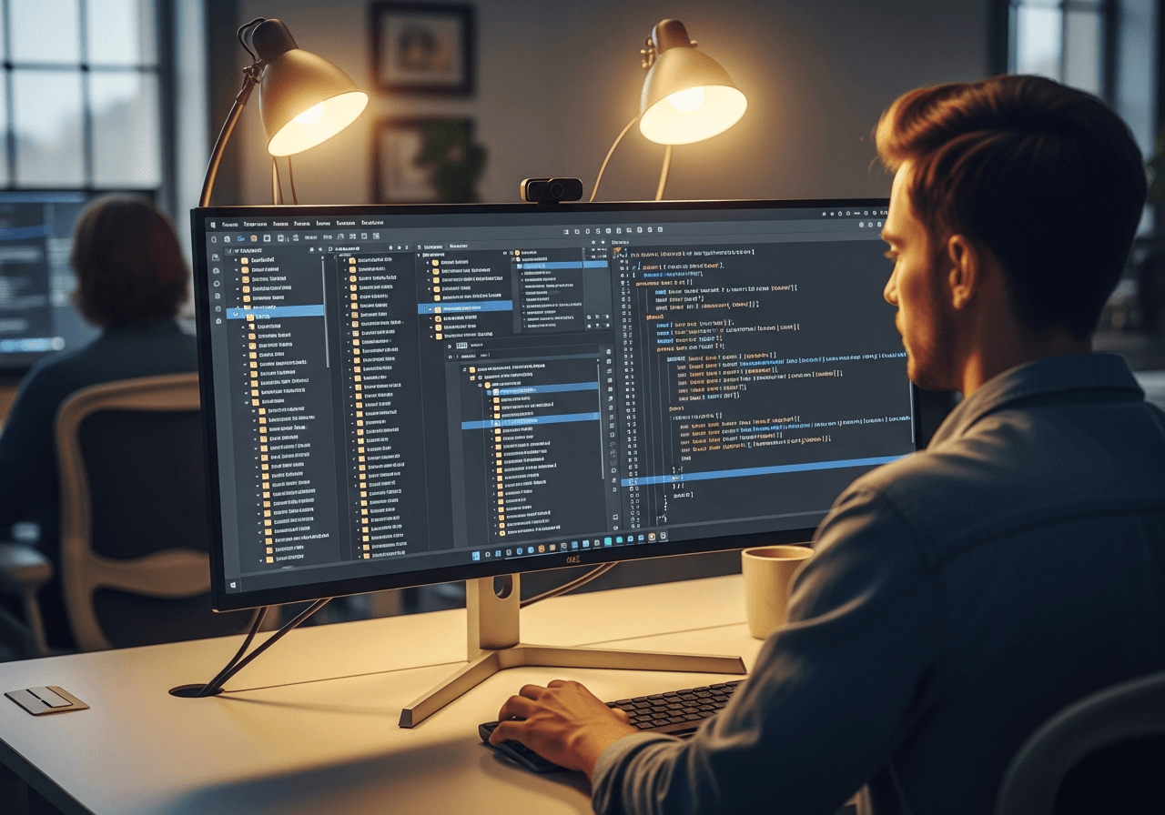Sviluppatore che organizza file di moduli JavaScript su un grande schermo