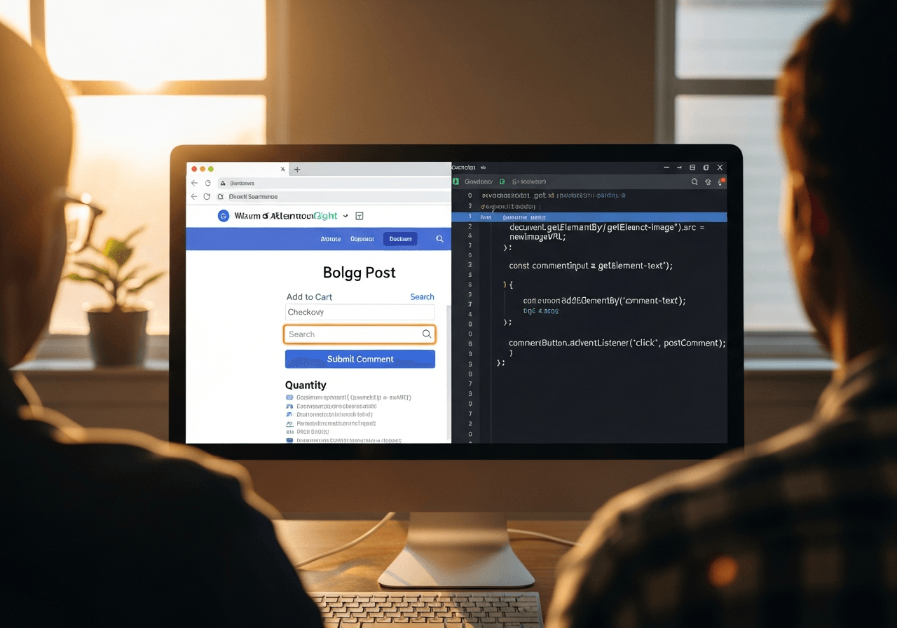 Pagina web con elementi DOM evidenziati e codice JavaScript senza jQuery