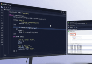 Schermo con codice JavaScript che usa Fetch API per una chiamata HTTP