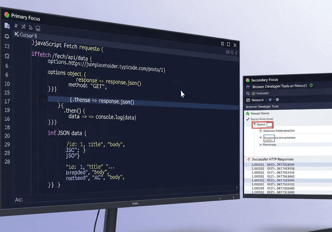 Schermo con codice JavaScript che usa Fetch API per una chiamata HTTP