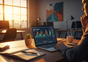 Persona che analizza grafici di traffico blog organico su laptop