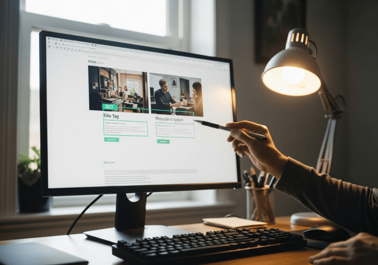 Schermata di pagina web con elementi SEO evidenziati come title, URL e meta description