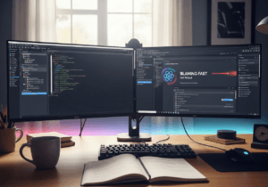 Postazione con doppio monitor che mostra build veloci Vite e anteprima di app React