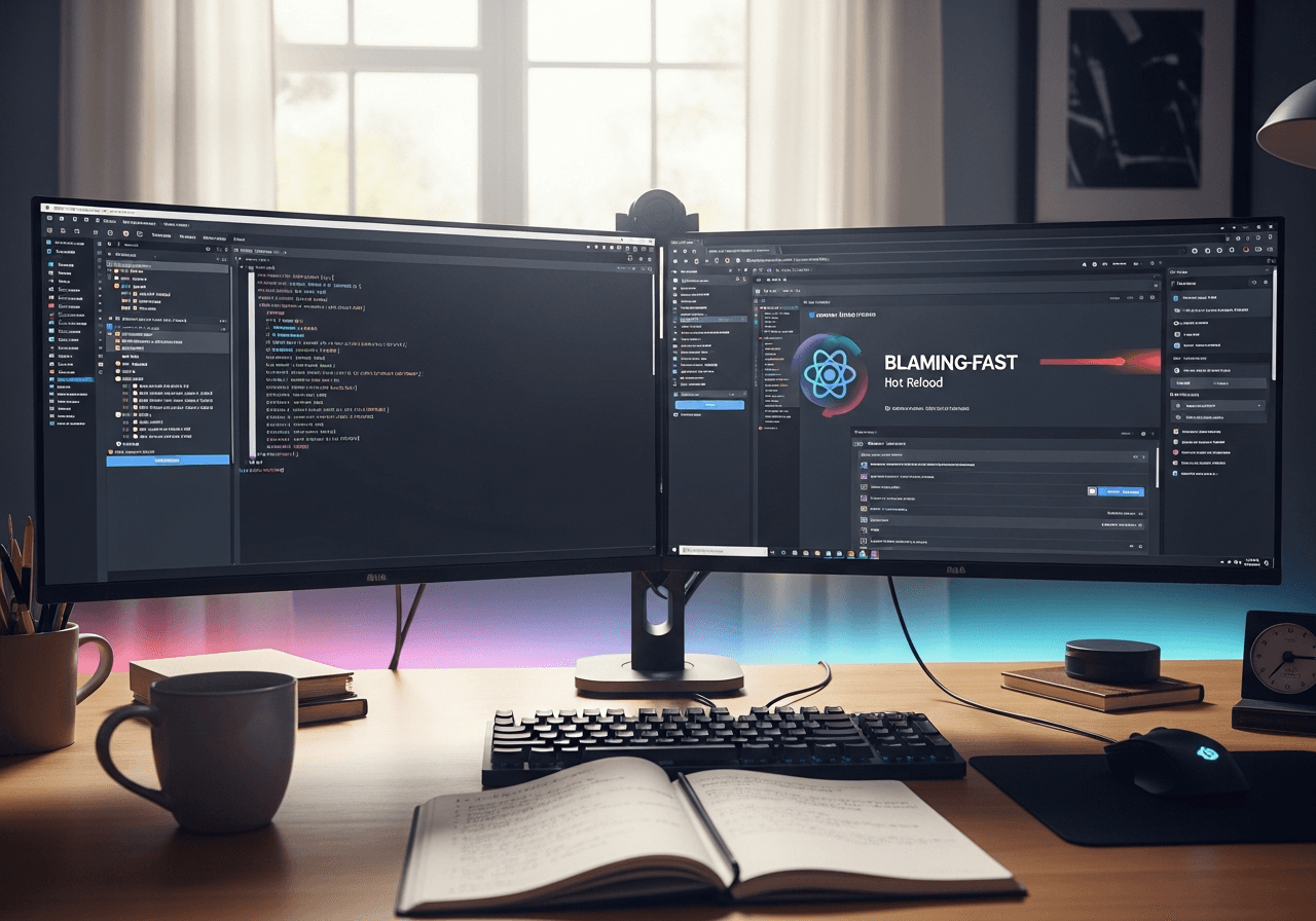 Postazione con doppio monitor che mostra build veloci Vite e anteprima di app React