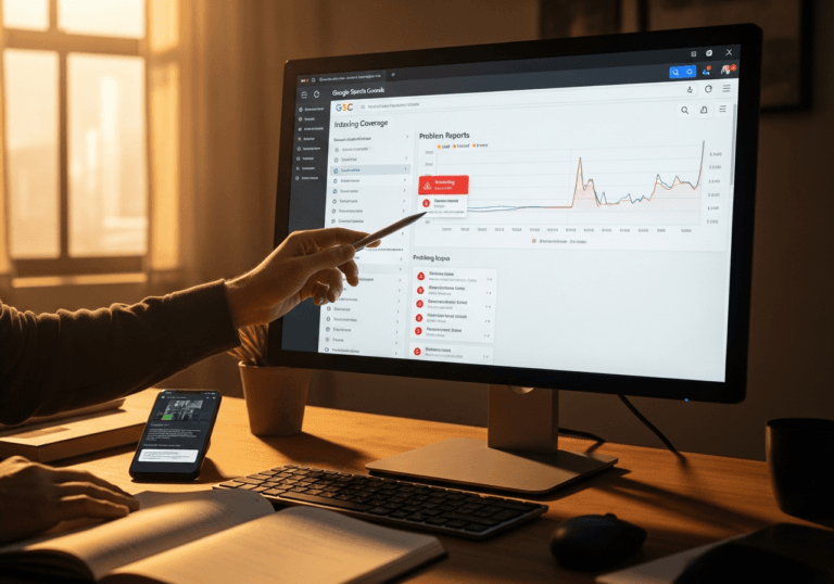 Schermata di Google Search Console con avvisi di indicizzazione e grafici
