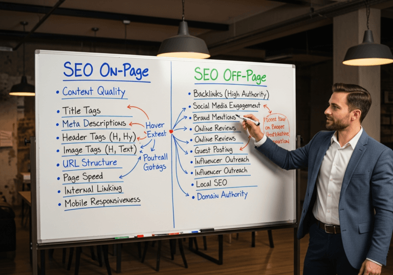 Schema che confronta SEO on-page e SEO off-page con icone e frecce