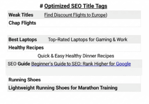 Monitor con elenco di title tag ottimizzati SEO affiancati a varianti non ottimizzate