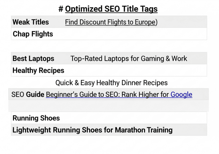 Monitor con elenco di title tag ottimizzati SEO affiancati a varianti non ottimizzate