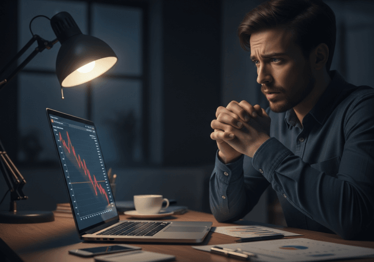 SEO specialist che analizza un crollo improvviso del traffico su un grafico di analytics