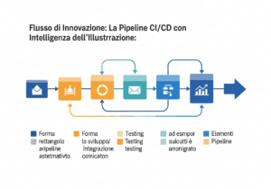 Pipeline CI/CD stilizzata con icone AI, GitHub e cloud in un diagramma astratto