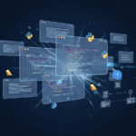 Prompt testuali che generano diagrammi di API e codice sullo sfondo
