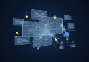 Prompt testuali che generano diagrammi di API e codice sullo sfondo