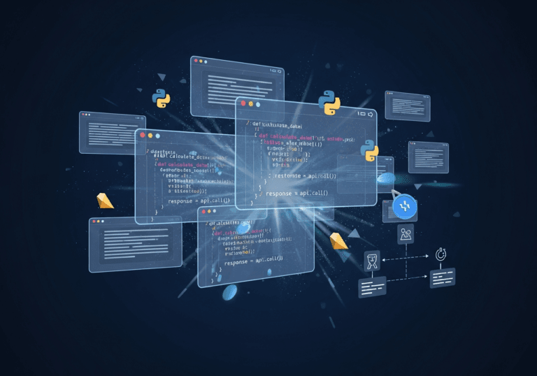 Prompt testuali che generano diagrammi di API e codice sullo sfondo