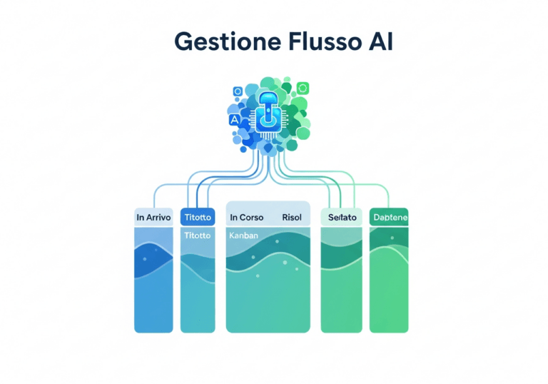 Agente AI stilizzato che organizza ticket e documenti per uno sviluppatore