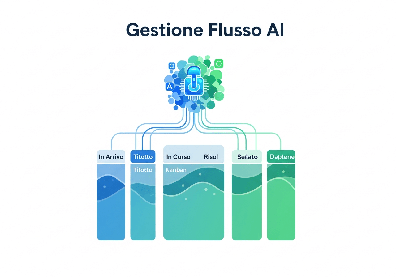 Agente AI stilizzato che organizza ticket e documenti per uno sviluppatore