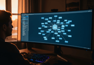 Sviluppatore davanti a un grande schermo con diagrammi di stato globale React e librerie collegate