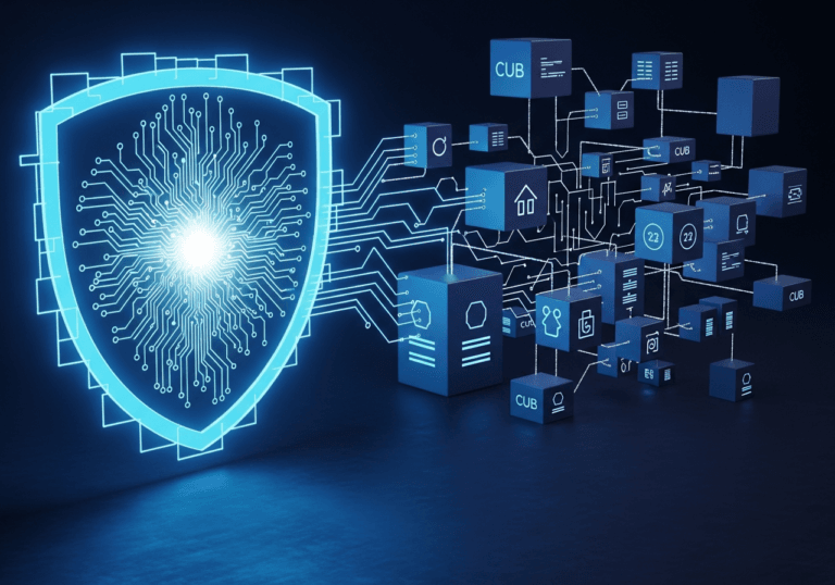 Scudo digitale davanti a icone di API e microservizi su sfondo blu