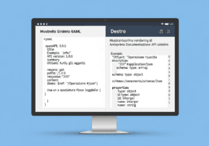 Schermo con file YAML OpenAPI e anteprima di una UI Swagger