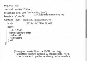 Risposte JSON con codici HTTP evidenziati su sfondo scuro