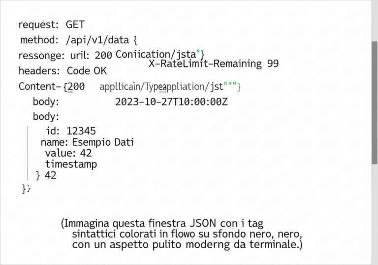 Risposte JSON con codici HTTP evidenziati su sfondo scuro