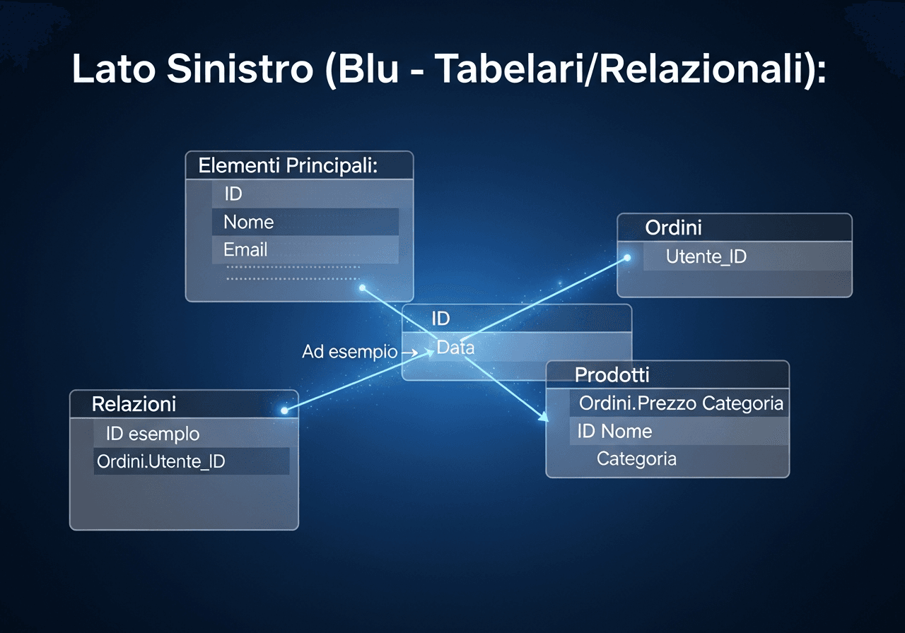 Due colonne opposte che rappresentano SQL e NoSQL con icone di tabelle e documenti