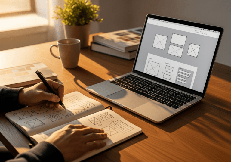 Mano che disegna wireframe e layout di sito web su taccuino accanto a un laptop