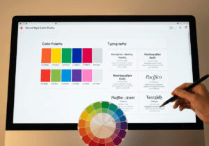 Monitor con palette colori e campioni di font per guida di stile web