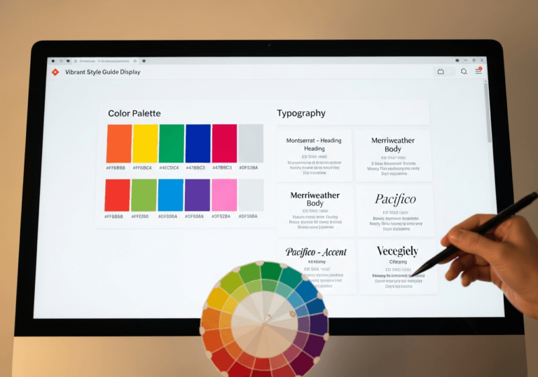 Monitor con palette colori e campioni di font per guida di stile web