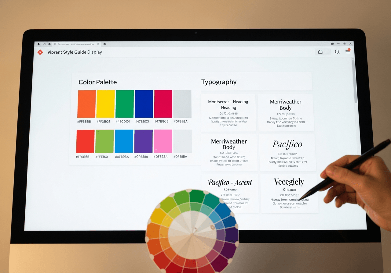 Monitor con palette colori e campioni di font per guida di stile web