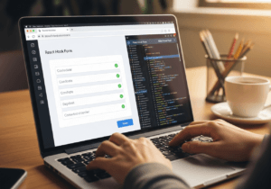 Primo piano di un form web in React con campi validati e riferimento a React Hook Form