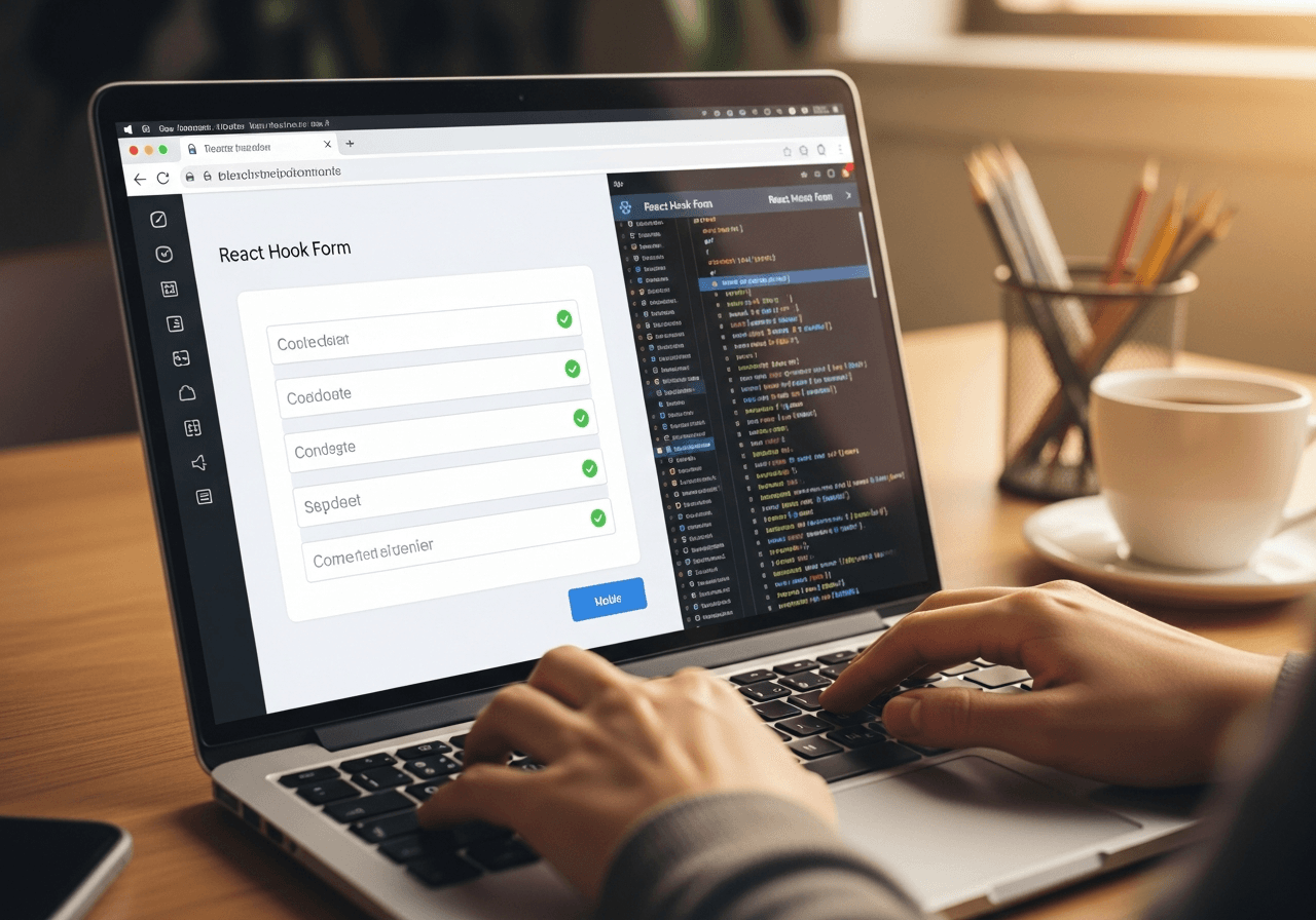 Primo piano di un form web in React con campi validati e riferimento a React Hook Form
