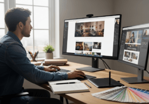 Web designer al computer con layout moderno su grande monitor