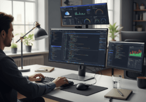 Sviluppatore circondato da schermi con vari tool e dashboard aperti