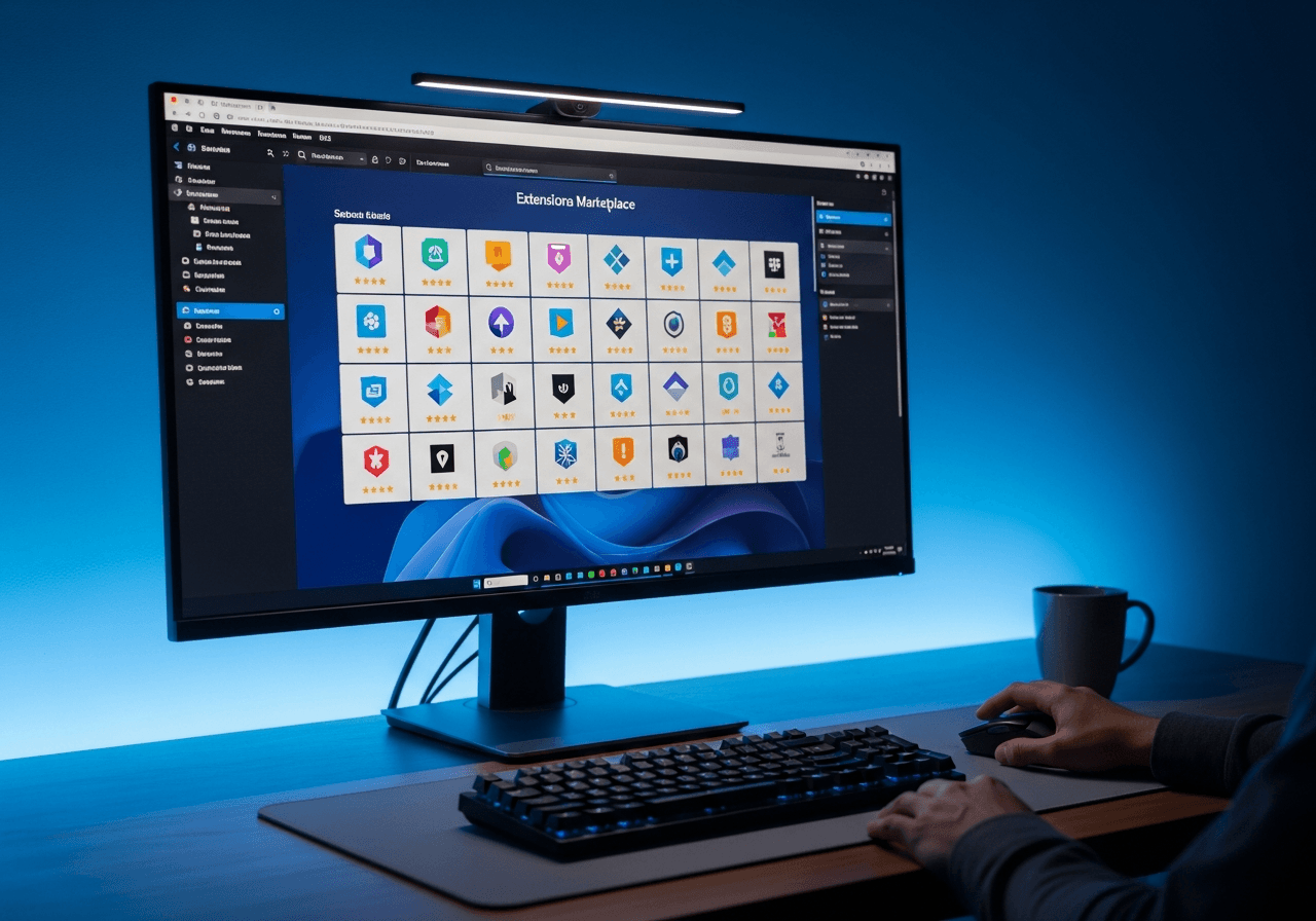 Monitor con Visual Studio Code aperto e pannello estensioni in evidenza
