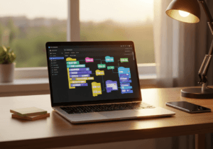 Scrivania con laptop che mostra automazioni e workflow su schermo