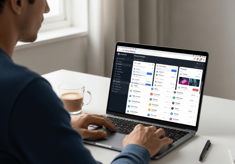 Persona che confronta diversi password manager su laptop