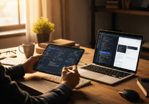 Sviluppatore che prende appunti digitali su tablet e laptop affiancati